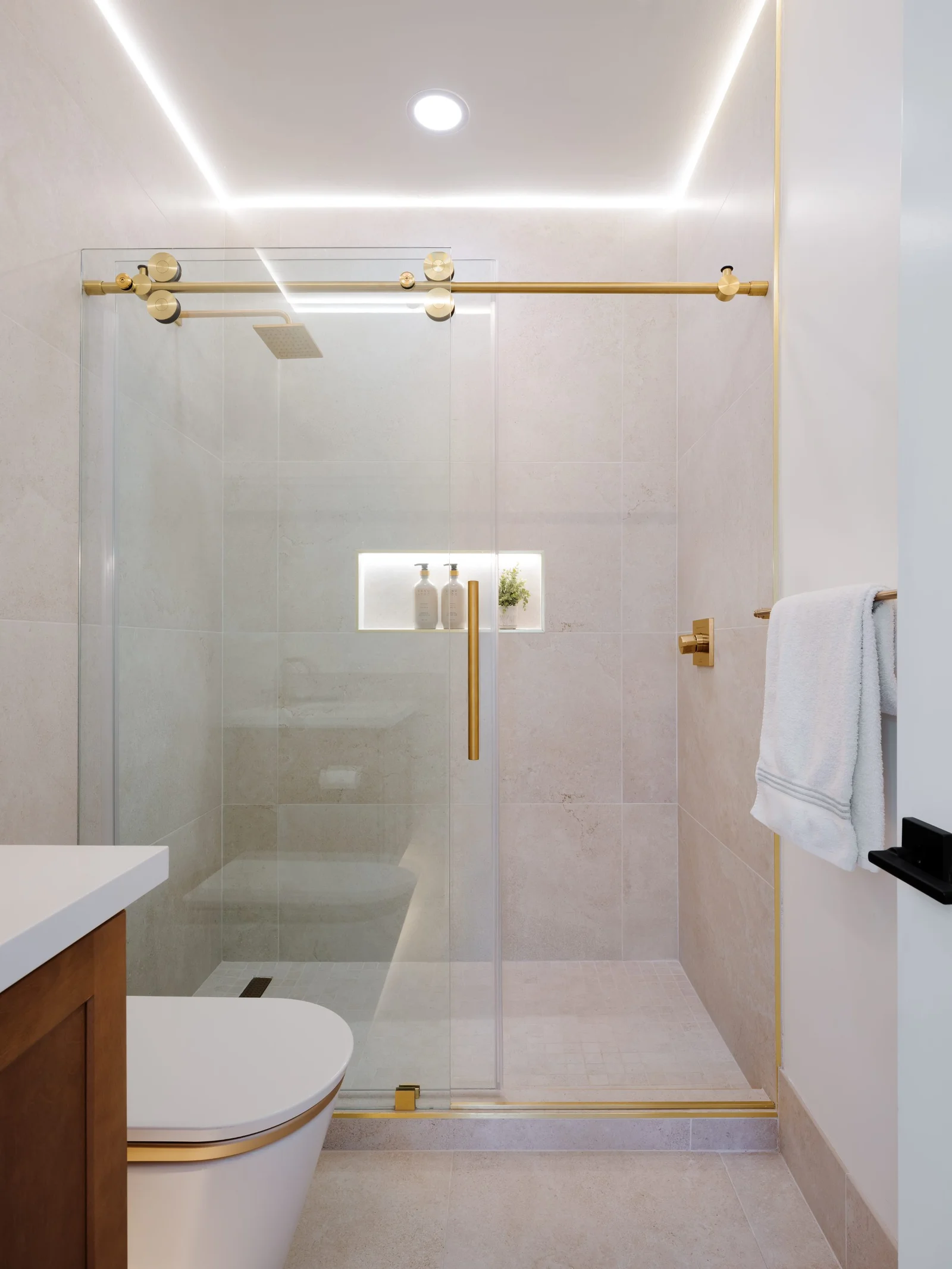 Guest shower, brass glide door