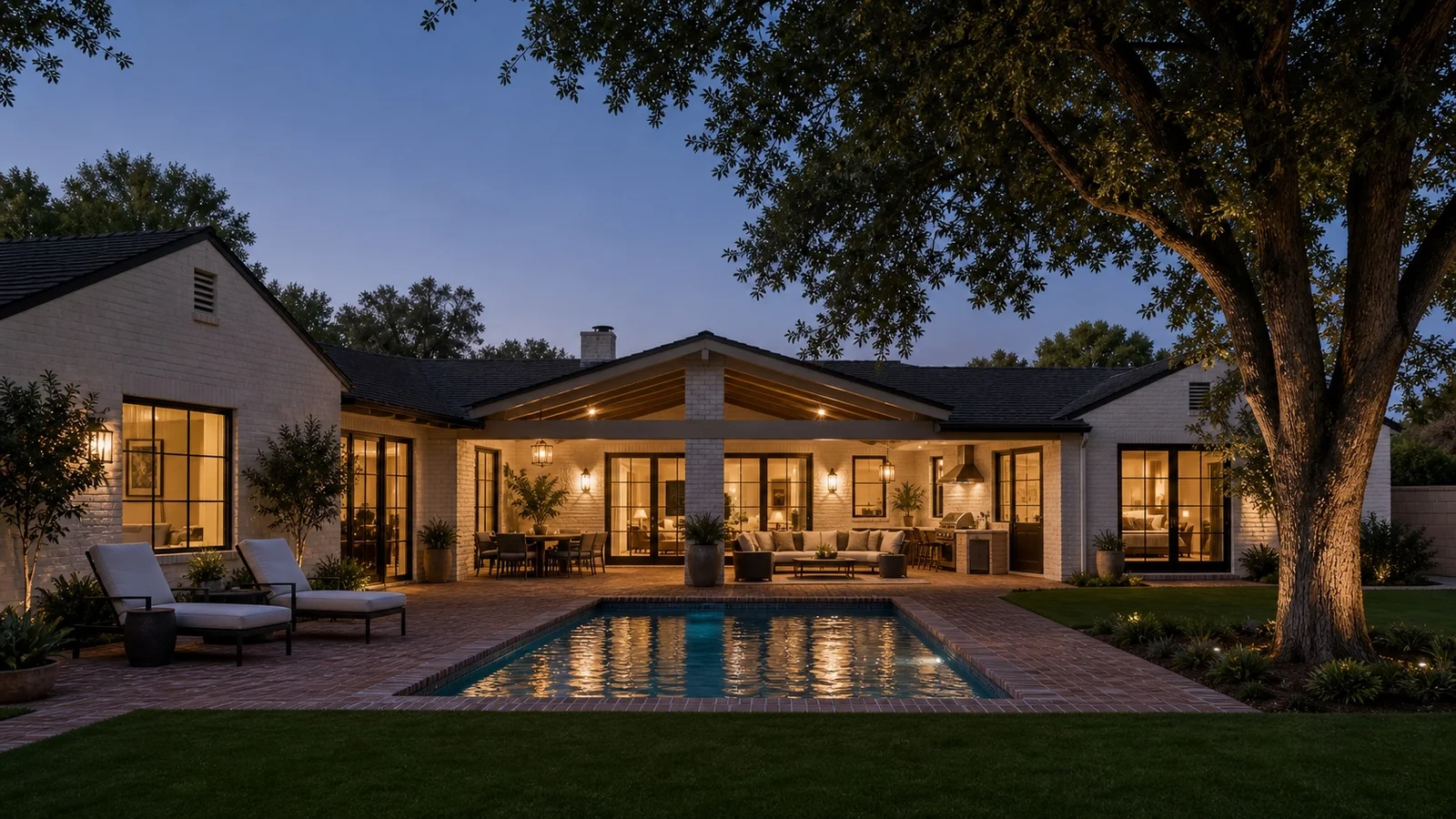 Rear exterior at twilight