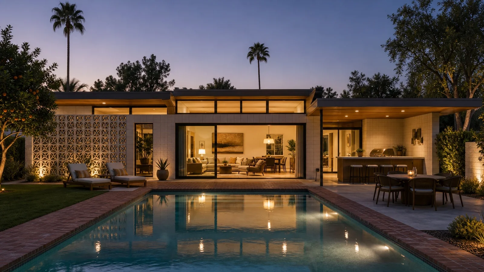 Rear exterior at twilight